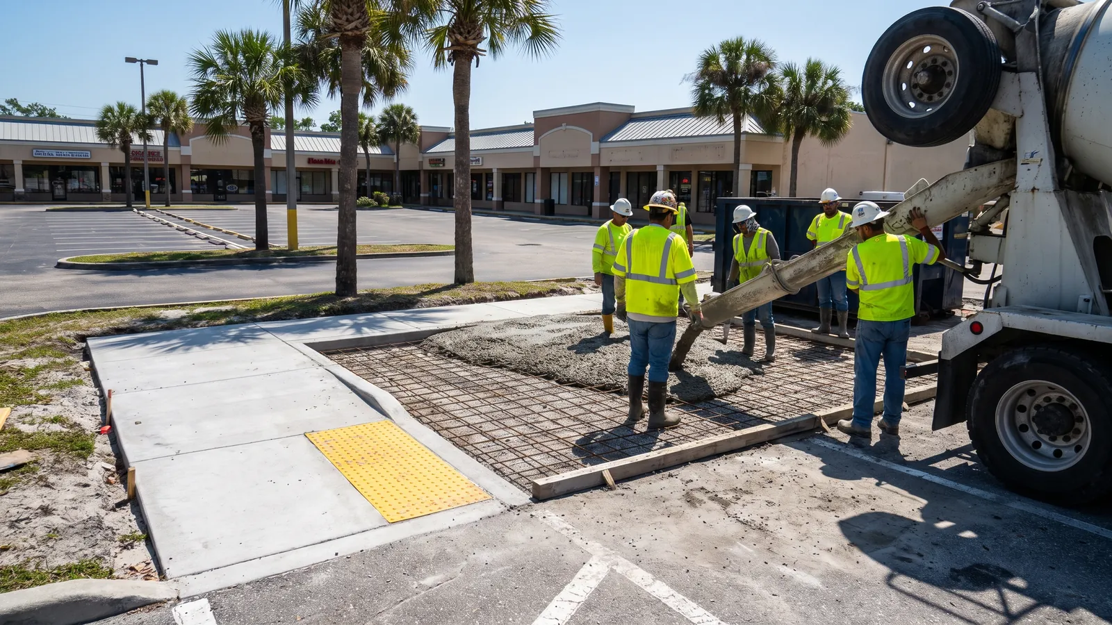 Crew pouring a reinforced commercial dumpster pad and ADA sidewalk at a strip plaza in Palm Bay, Florida
