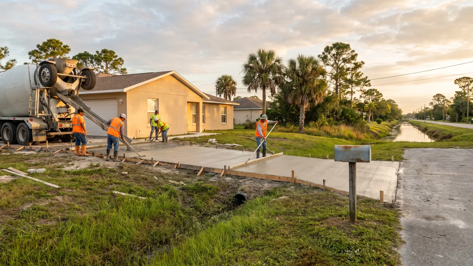 Concrete crew screeding a new driveway at a concrete-block home on a Palm Bay, Florida street with a grassy roadside swale and a drainage canal beyond