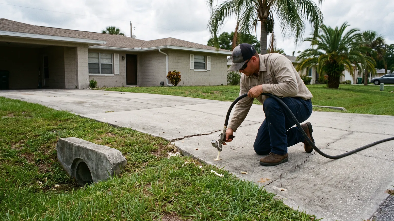 Technician injecting polyurethane foam through small holes to lift a sunken concrete driveway apron at the street