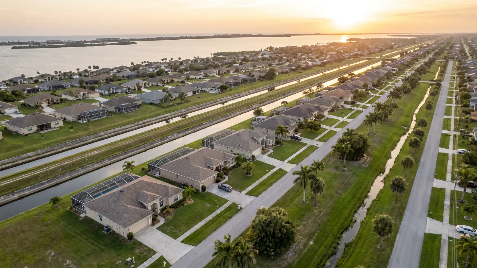 Aerial view of the Port Malabar canal grid in Palm Bay, Florida, with block homes, driveways and the Indian River Lagoon beyond