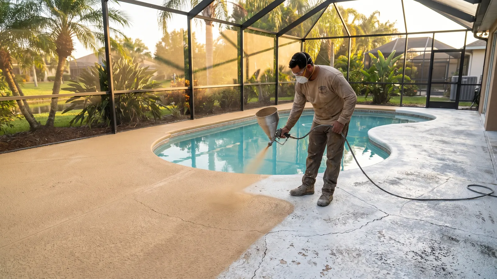 Technician spraying a textured acrylic knockdown overlay on an older pool deck around a backyard pool