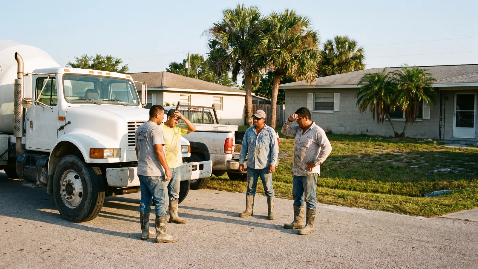 The Palm Bay Concrete Co. crew in front of a ready-mix truck and their pickup on a Palm Bay street